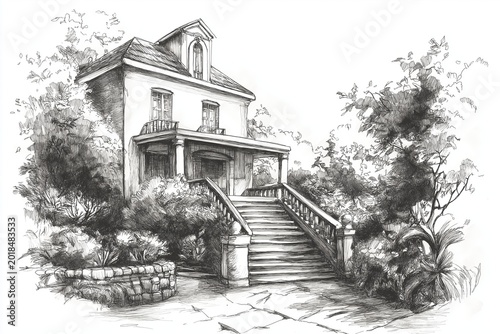 Hand-drawn illustration of a large traditional house with columns and porch