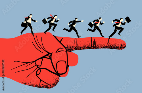 Business direction or government, administration, management concept with running businessmen or clerks on the giant hand pointing the direction. Vector illustration