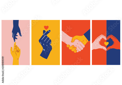 Diverse hand gestures of love and connection, heart symbol, handshake, finger heart, and touching hands illustration