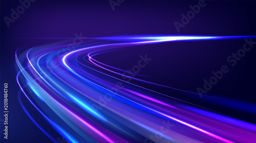 Abstract vector illustration. Neon light trails motion. Speed city lights wave. Futuristic background.