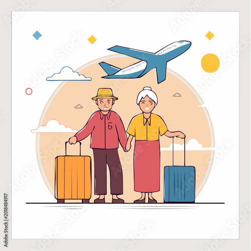 Elderly Couple Traveling by Airplane with Luggage