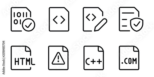Collection of minimalist document icons visualizing actions like sharing, cloud storage, security, search, payment, viewing, deletion, web development, user association, programming, and stacking