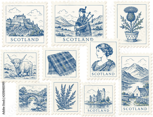 Vintage Scotland postage stamp collection, blue ink hand drawn Scottish icons vector set, traditional cultural symbols with bagpiper and highland cow, antique travel souvenir illustrations