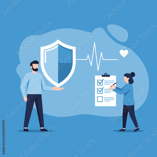 Health insurance concept with people, shield, and medical elements