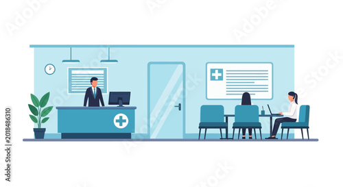 Hospital reception with staff and patients. Healthcare concept, clinic interior.