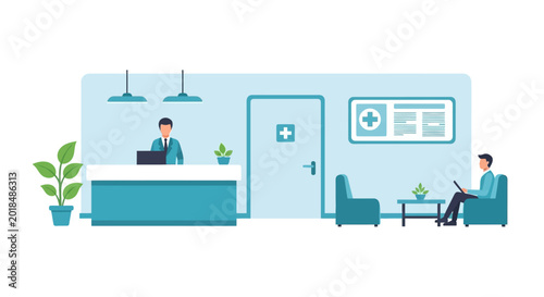 Hospital reception, waiting area and medical staff, flat illustration