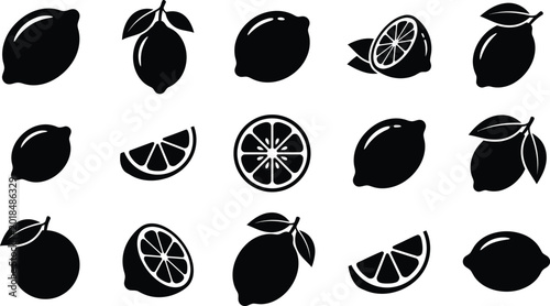 Black silhouettes of lemons and lemon slices on white background, citrus fruits