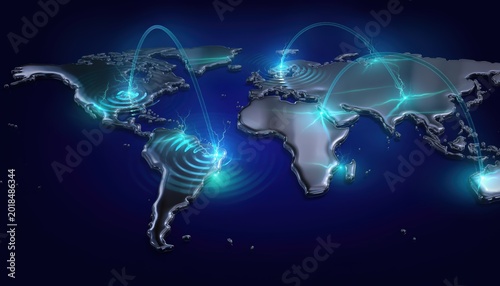 3D render of a metallic world map with glowing blue network connection lines across continents