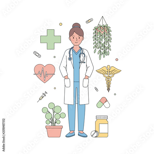 Friendly doctor with medical symbols and elements, white background