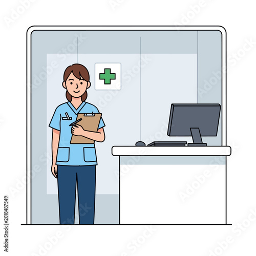 Friendly nurse at hospital reception with clipboard and computer