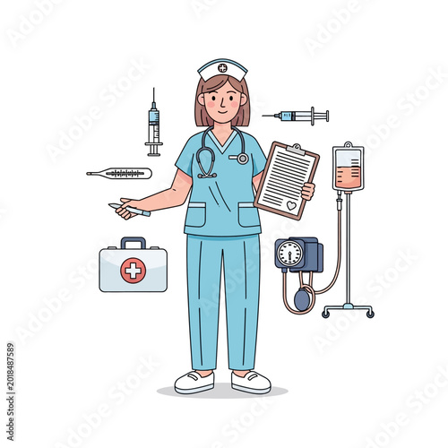 Friendly nurse holding clipboard with medical tools illustration