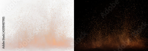 Bright red smoldering sparks with glowing ash and fiery dust on split background. Dynamic burning fire effect with vivid radiant heat.
