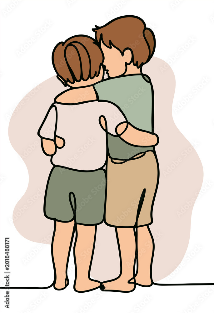 Obraz premium Sibling Hug Single Line Art Vector Illustration – Minimalist Brother and Sister Outline Drawing for Family Love, Childhood Memory and Modern Wall Decor