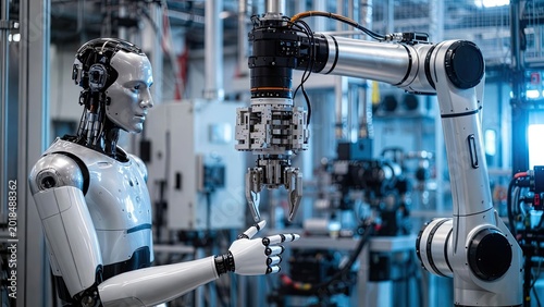Advanced robotics collaboration in high-tech industry gigapixel art scale futuristic environment