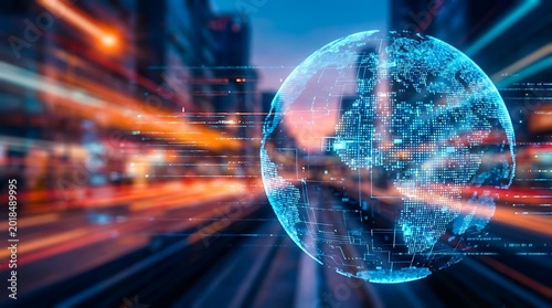 Translucent digital globe with glowing light trails over blurred cityscape world