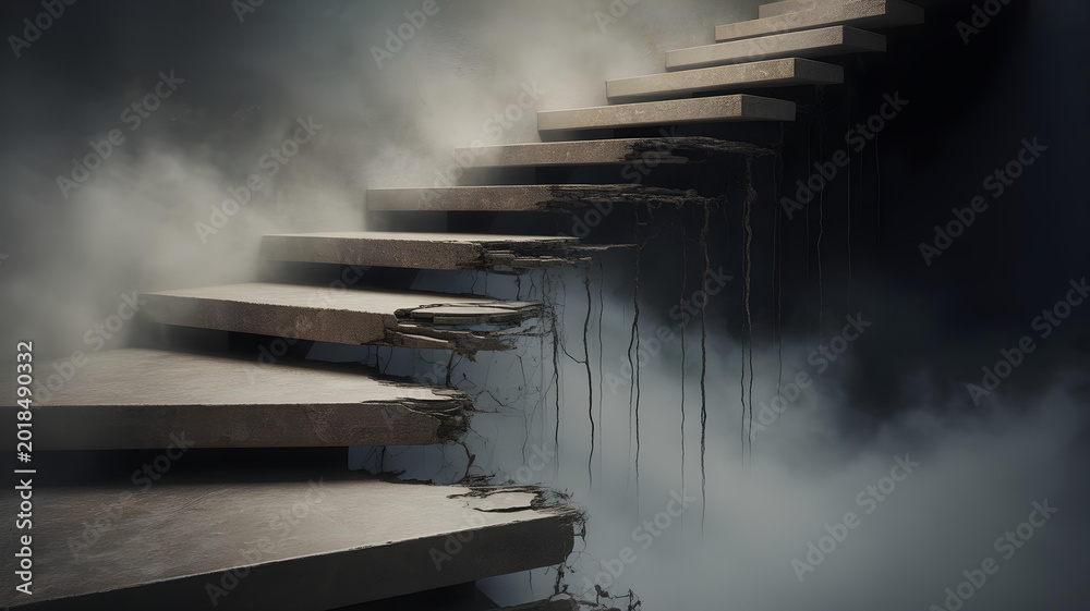 Fototapeta premium Eerie broken concrete stairs disappearing into thick mysterious fog represent a daunting challenging path forward toward uncertainty.