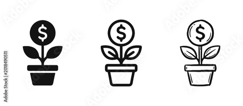 Cuadro en lienzo Financial Growth Investment Profit Money Plant Icon Set - Solid, Line, and Sketc