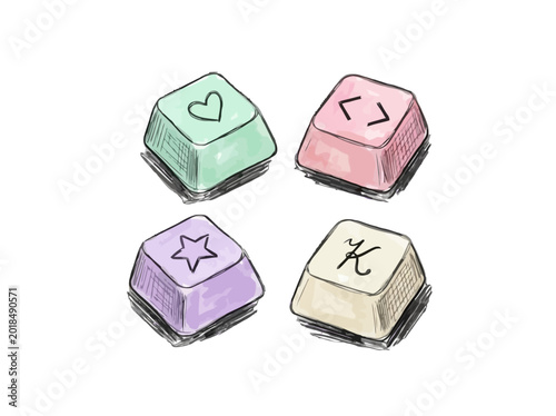 Hand Drawn Illustration of Pastel Colored Mechanical Keyboard Keycaps with Heart Star and Coding Symbols on White Background