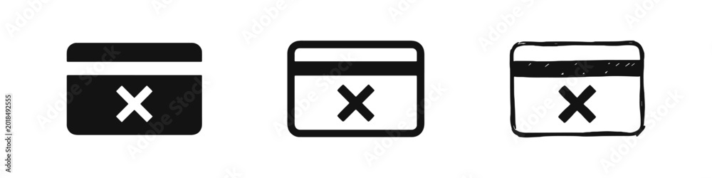 Obraz premium Credit Card Payment Error Icon Set with Cross Mark in Solid Outline and Hand Drawn Styles