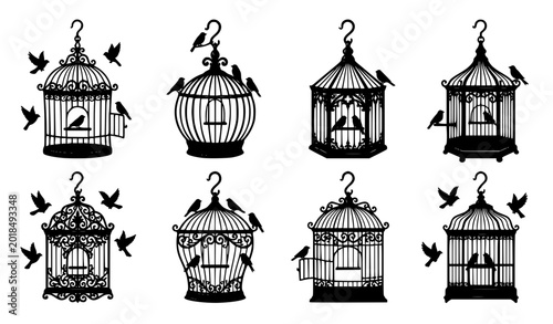Canvas Print Ornate black bird cage silhouette vector set with flying birds isolated on white
