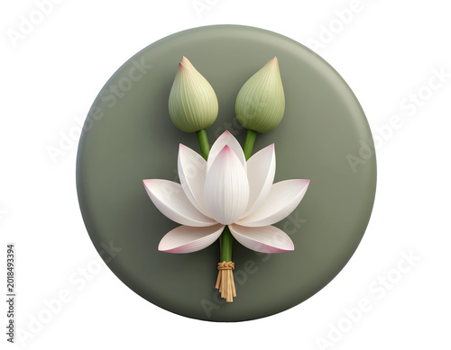White Lotus Flower and Buds on Green Disc
