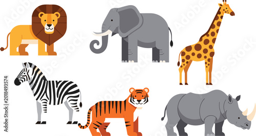 Slika na platnu Wild Animal Vector Set Featuring Lion, Elephant, Giraffe, Zebra, Tiger, and Rhin