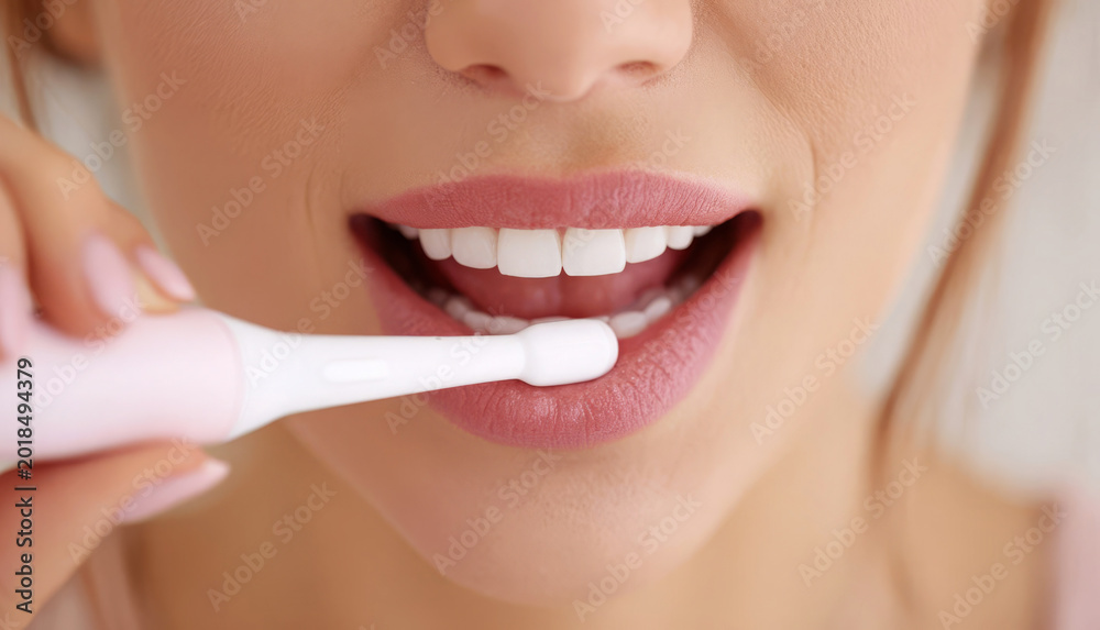 Naklejka premium A woman stands in a bathroom, holding an electric toothbrush close to her mouth. She smiles as she brushes her teeth, showing her bright smile. The setting seems fresh and tidy.