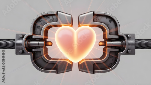 Illuminated glowing heart symbol securely held between two robust industrial metal vices demonstrating intense pressure or vital capture concept