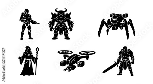 Bild auf Leinwand Sci-Fi Character Icons: Futuristic Soldier, Demon Warrior, Robot Spider, Mage, D