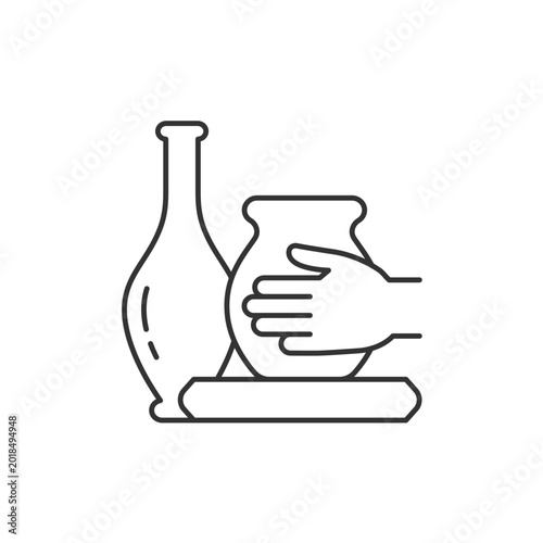 Handmade pottery linear icon. Ceramic vessels creation. Making pottery on wheel. Thin line customizable illustration. Contour symbol. Vector isolated outline drawing. Editable stroke