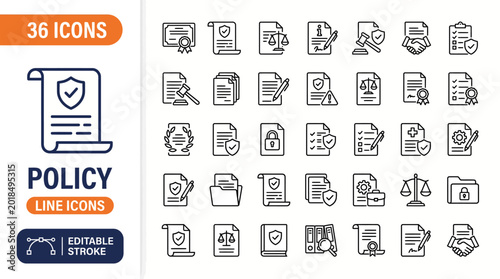 Policy line editable icon set. Contain icons related to policy, law, legal, and more. Editable stroke. Vector illustration