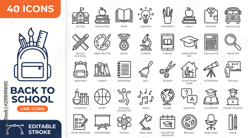 Cuadro en lienzo Back to school line editable icon set
