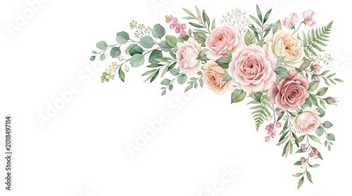 Soft Pastel Floral Arrangement, Romantic Rose and Eucalyptus Corner Decor, Delicate Botanical Illustration for Wedding Invitations, Greeting Cards, and Feminine Design Elements