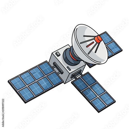 Satellite with solar panels and dish antenna in space, illustration