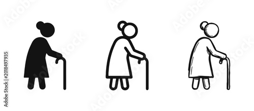 Obraz na płótnie Elderly woman with walking stick icon set representing senior care and aging