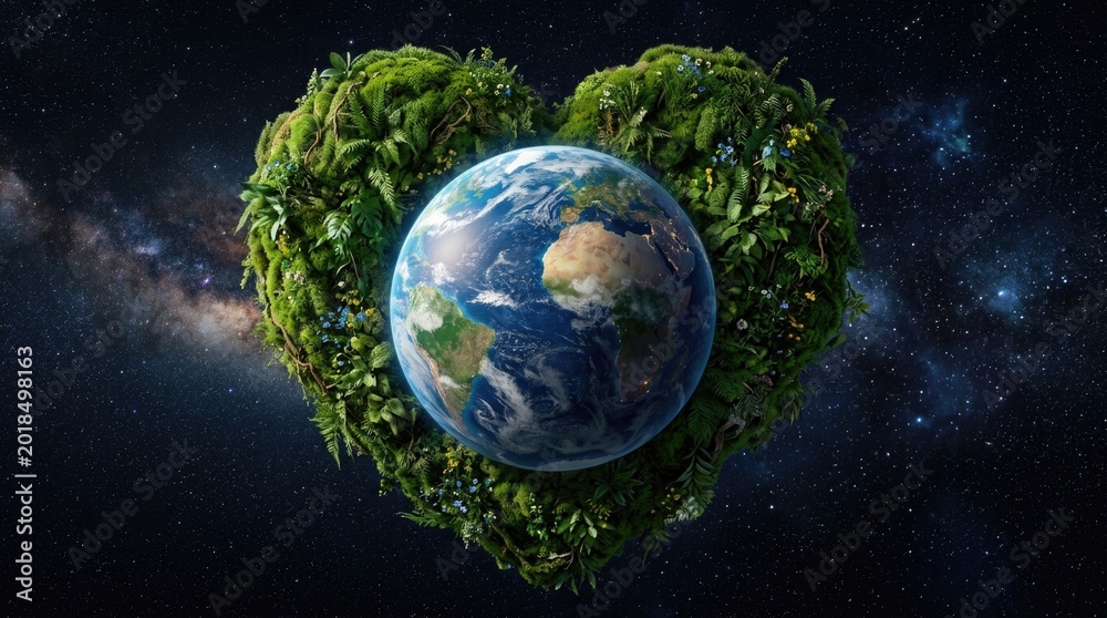 Obraz premium Earth in a heart shaped green landscape with stars