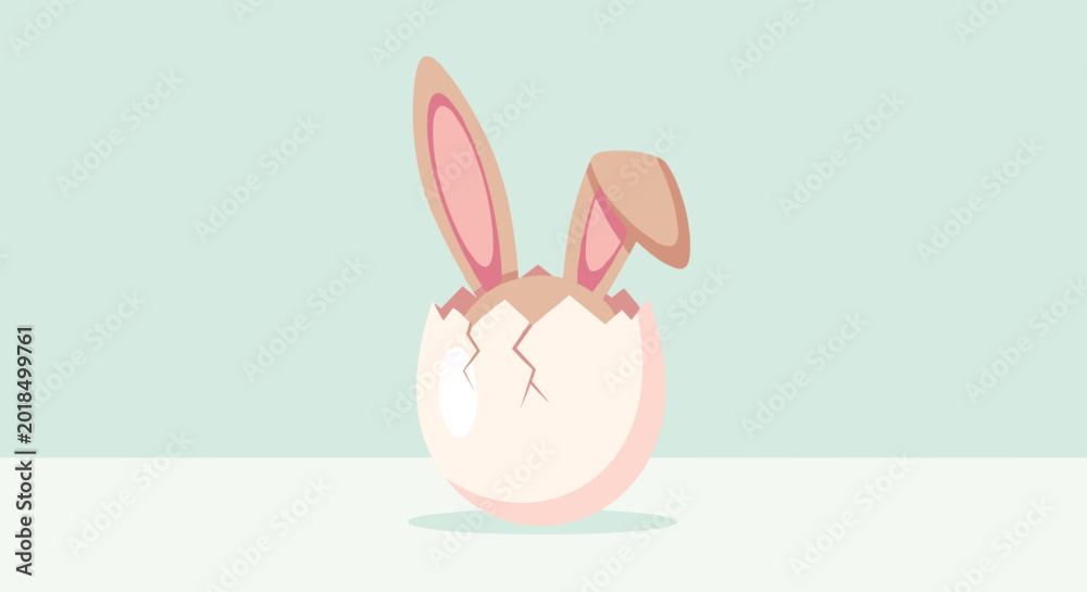 Obraz premium Simple white cracked egg with long brown bunny ears sticking out on a minimal light colored background.