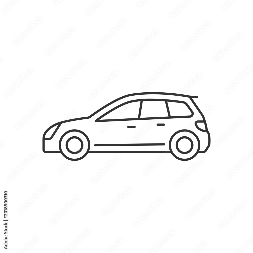 Obraz premium Hatchback linear icon. Cheap sports car. Auto with two-box design. Access to cargo area. Thin line customizable illustration. Contour symbol. Vector isolated outline drawing. Editable stroke