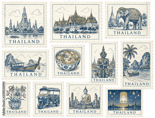 Vintage Thailand travel postage stamps set, retro hand drawn Thai landmarks and cultural icons, 11 antique style vector illustrations of temples, elephants, and local food for scrapbooking