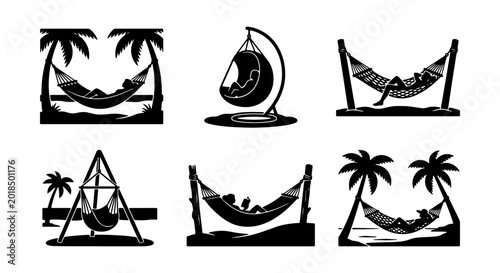 Bild auf Leinwand Relaxing Hammock Scenes, Tropical Beach Getaways, Summer Vacation Vibes, Silhoue