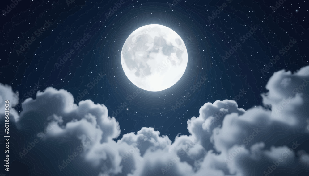 Fototapeta premium Full Moon Glowing Behind Fluffy Clouds at Night