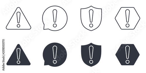 Vector warning icons with exclamation marks in outline and solid styles. Editable stroke set. Alert, danger, notification, error, and security symbols for apps, traffic, medical, communication design