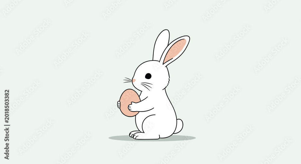 Obraz premium Simple illustration of a white rabbit seen from the side holding a large plain pink egg against a clean light green background for Easter.