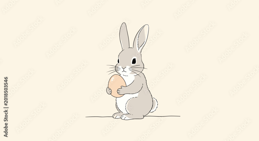 Obraz premium Grey rabbit character depicted in a side view holding a simple tan egg against a solid cream background for a minimalist Easter card design.