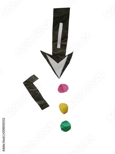 Black arrow pointing down with colorful round buttons