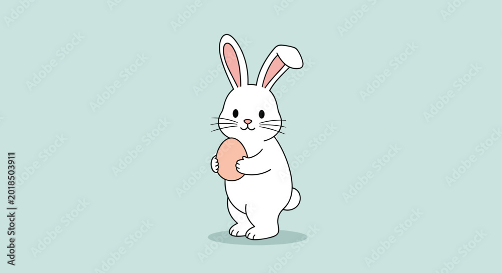 Obraz premium White bunny standing upright holding a large peach colored egg against a simple blue green background for a cheerful spring greeting card.