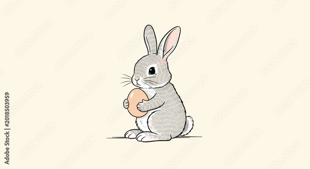 Obraz premium Charming grey rabbit with textured fur sitting in profile while holding a simple tan egg against a clean off white background for holiday.