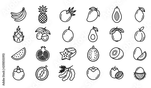 Quadro su tela A vector cartoon illustration collection of fresh fruits and berries arranged evenly on a bright white background