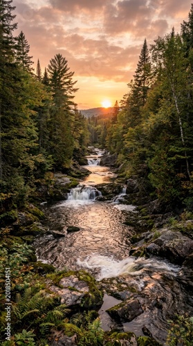 Waterfall in forest at sunset, golden light over river.