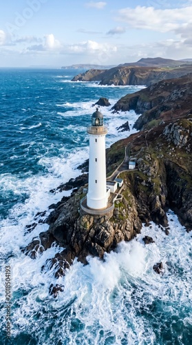 White lighthouse on rugged cliff, stormy ocean waves.